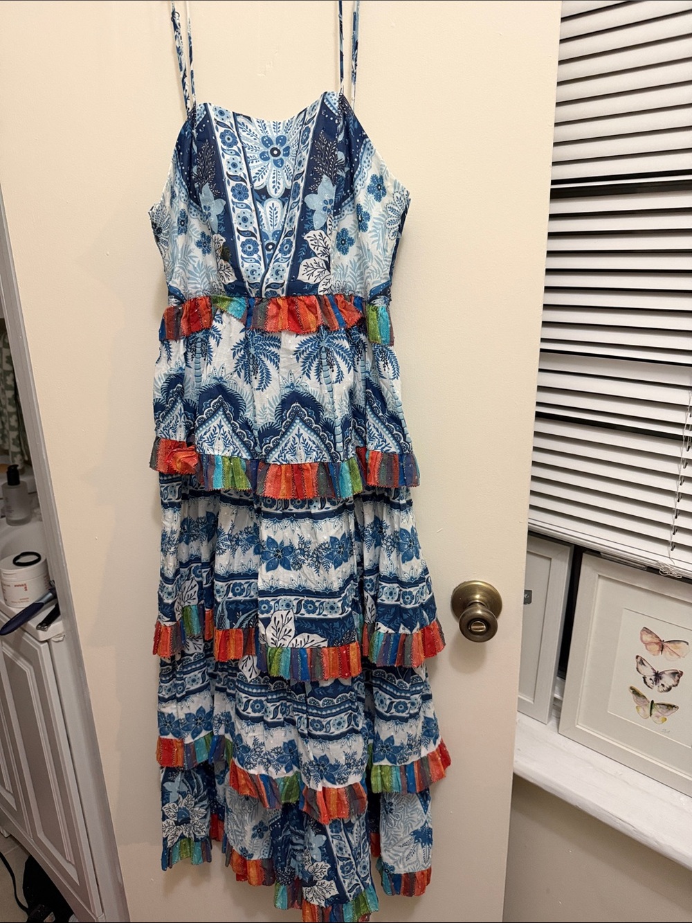 FARM Rio Blue Printed Tiered Ruffle Dress with Multicolor Trim